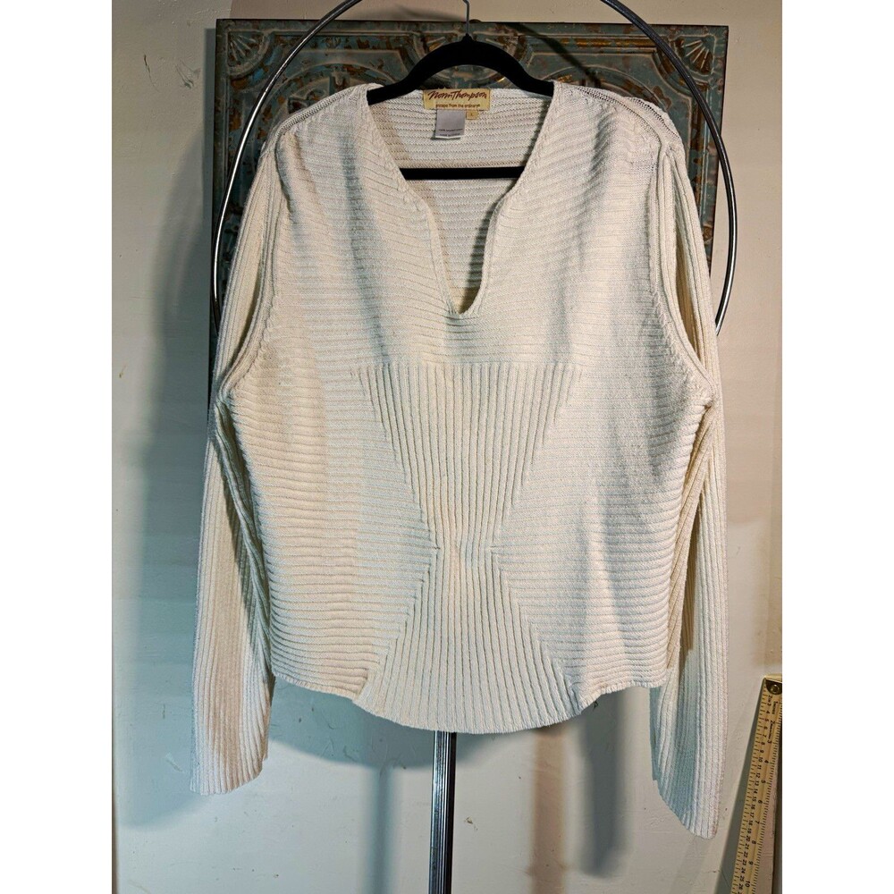 Vintage Norm Thompson Ivory Rib-Knit V-Neck Long Sleeve Pullover Sweater Women L
